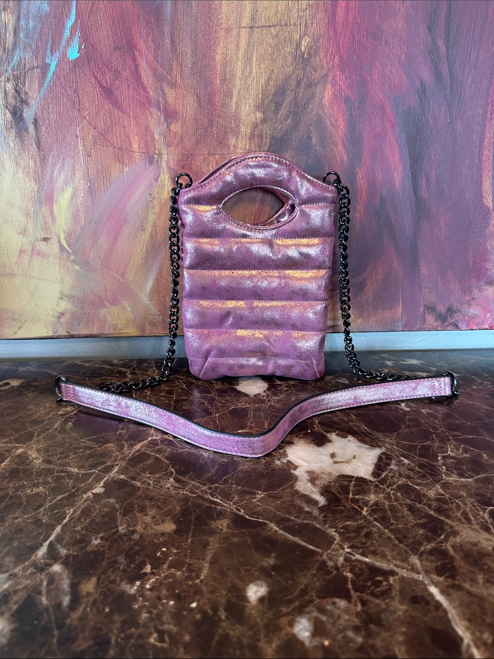 THINK ROYLN Iridescent Pink Quilted Crossbody with Chain Strap